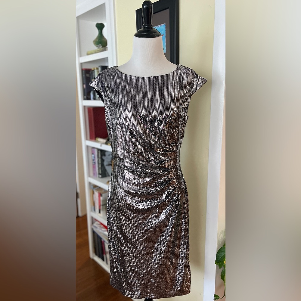 Anne Klein Shimmering Sparkle Silver Rouched Waist Mini Dress Sz M - Picture 11 of 11